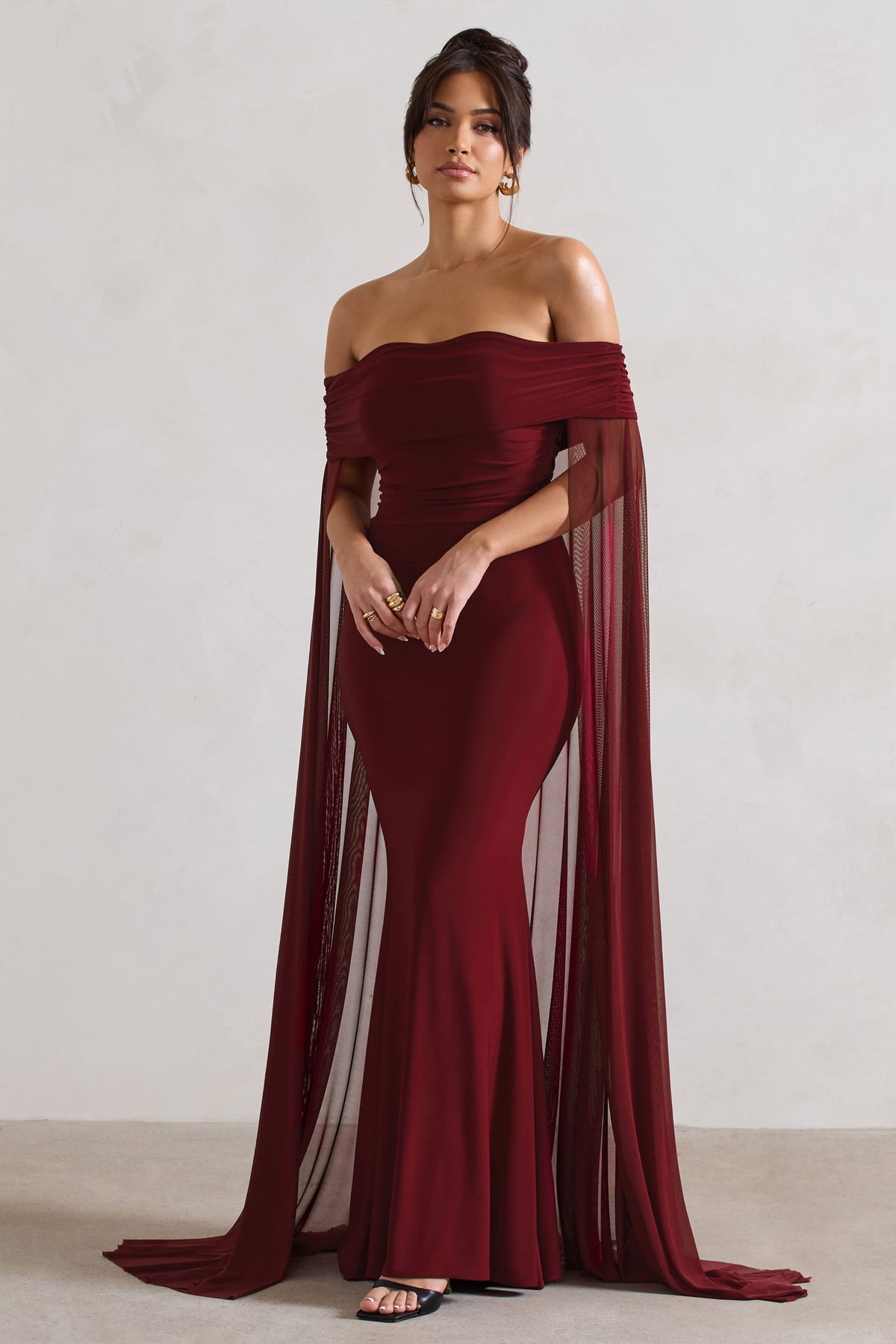 Carlotta | Berry Bardot Maxi Dress With Chiffon Cape