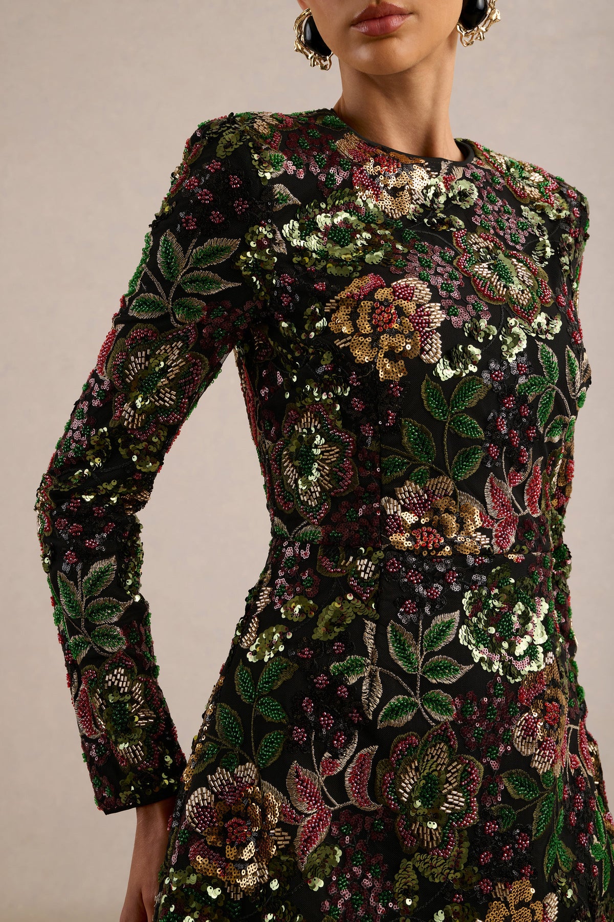 Moonlit | Winter Floral Mesh And Sequin Crew-Neck Mini Dress
