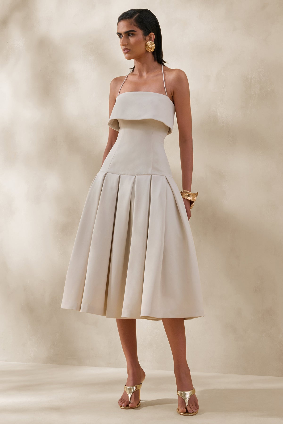 Dazira | Cream Square-Neck Midi Dress With Drop-Waist
