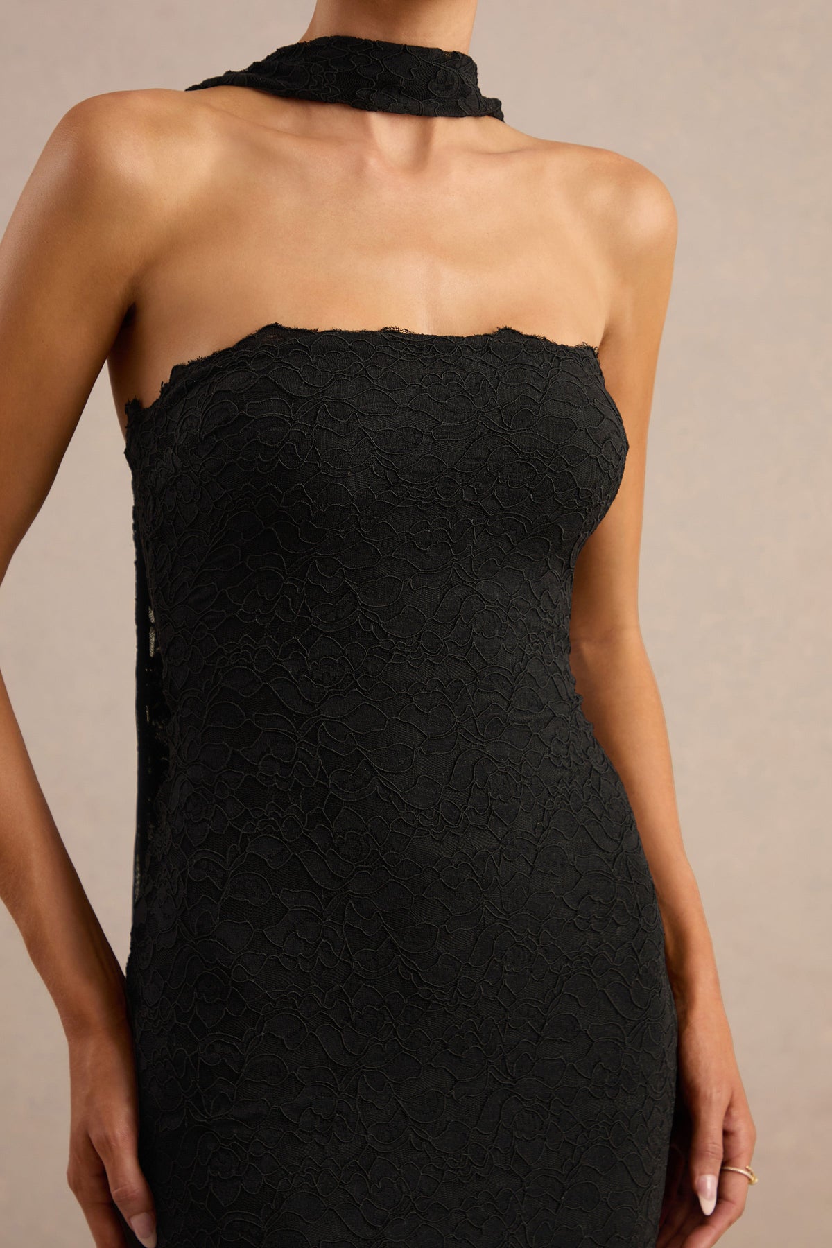 Rosaria | Black Lace Bandeau Midi Dress With Scarf Detail