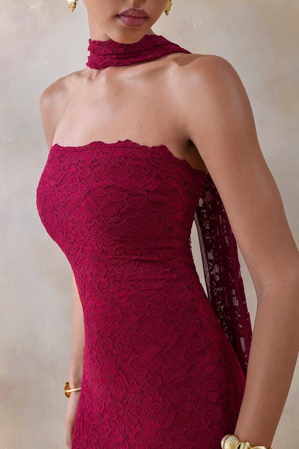 Rosaria | Burgundy Lace Bandeau Midi Dress With Scarf Detail