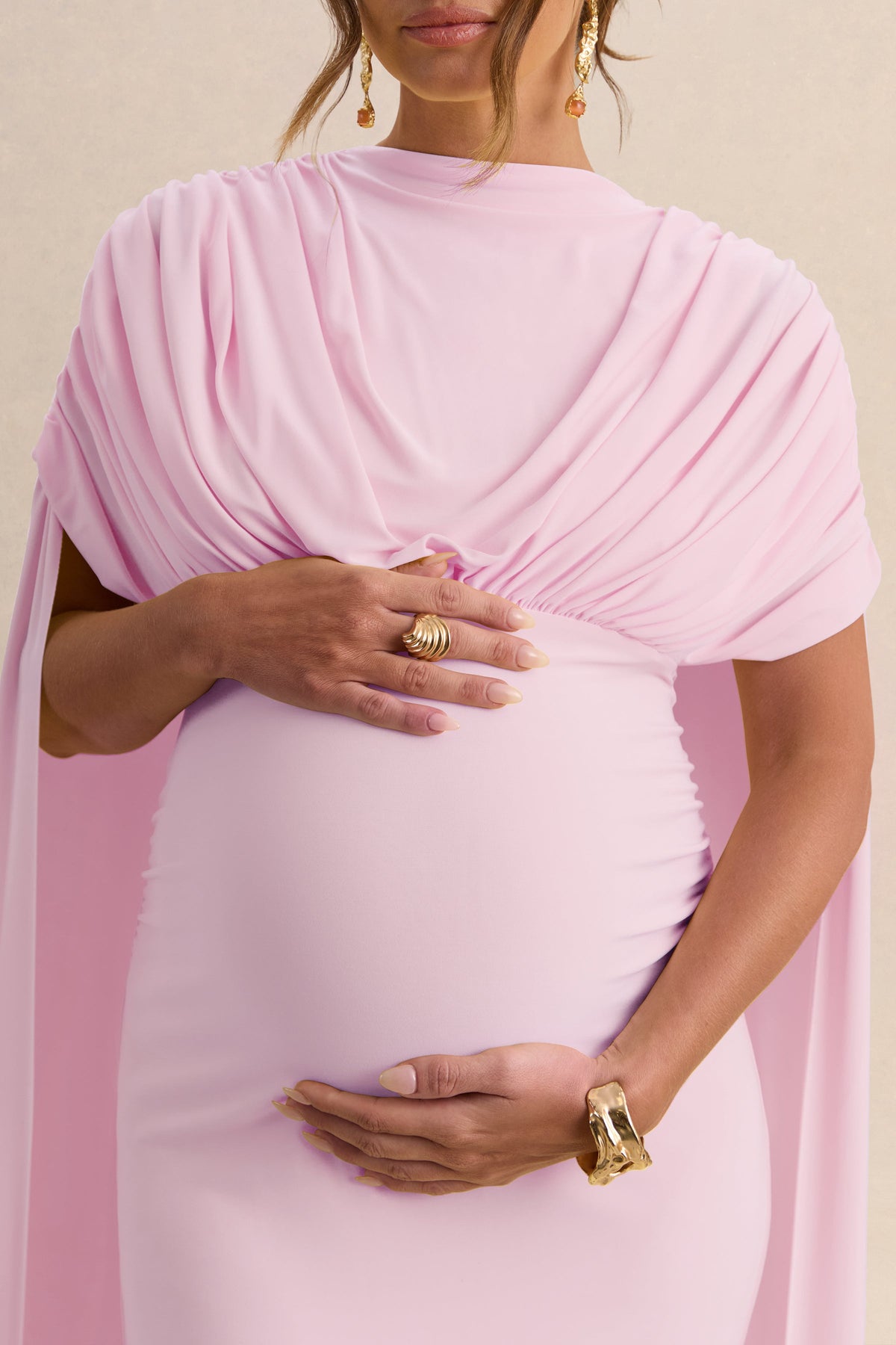 Araminta | Light Pink Bardot-Neck Maternity Maxi Dress With Cape Sleeves