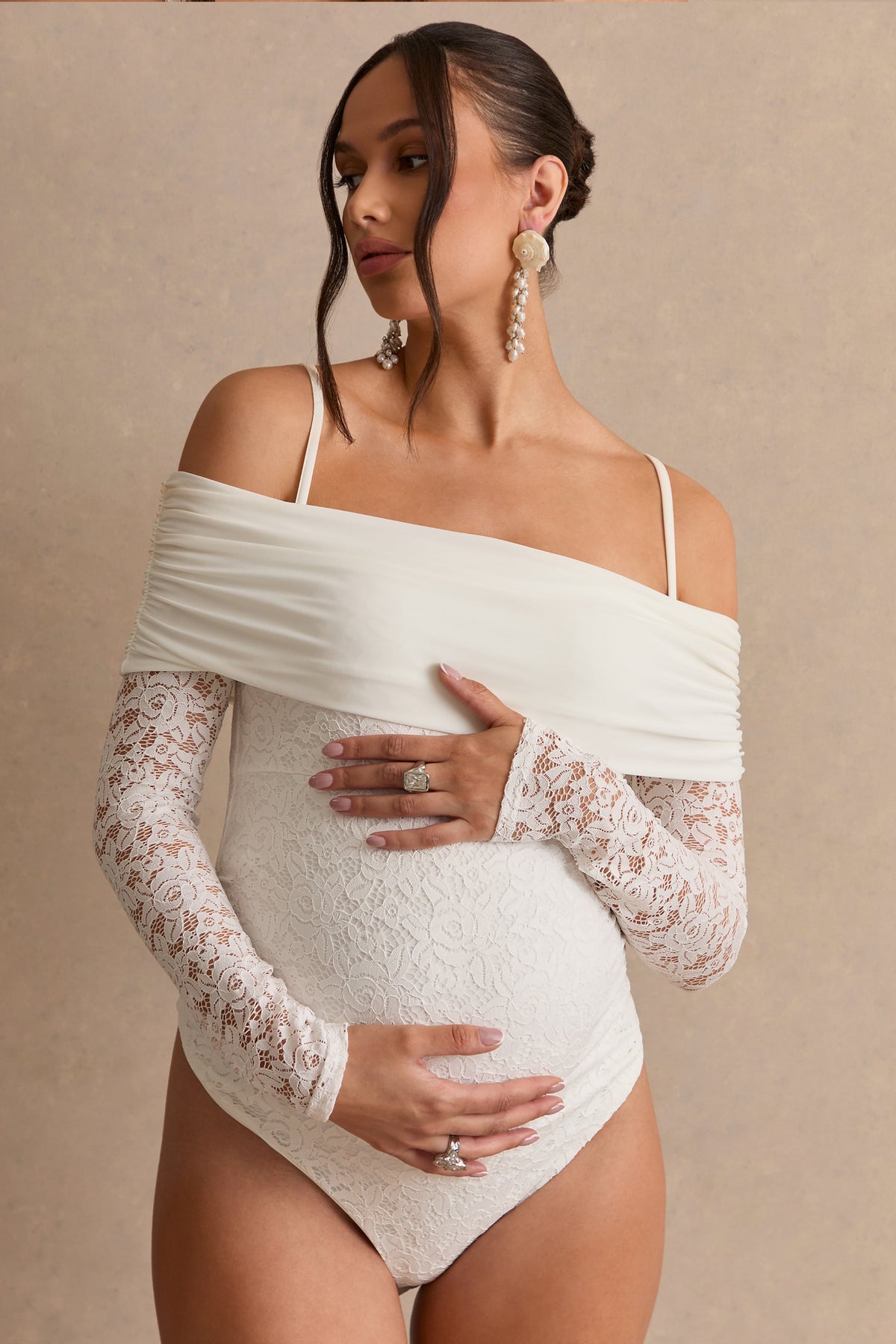 Delmara | Cream Lace Bardot-Neck Maternity Bodysuit