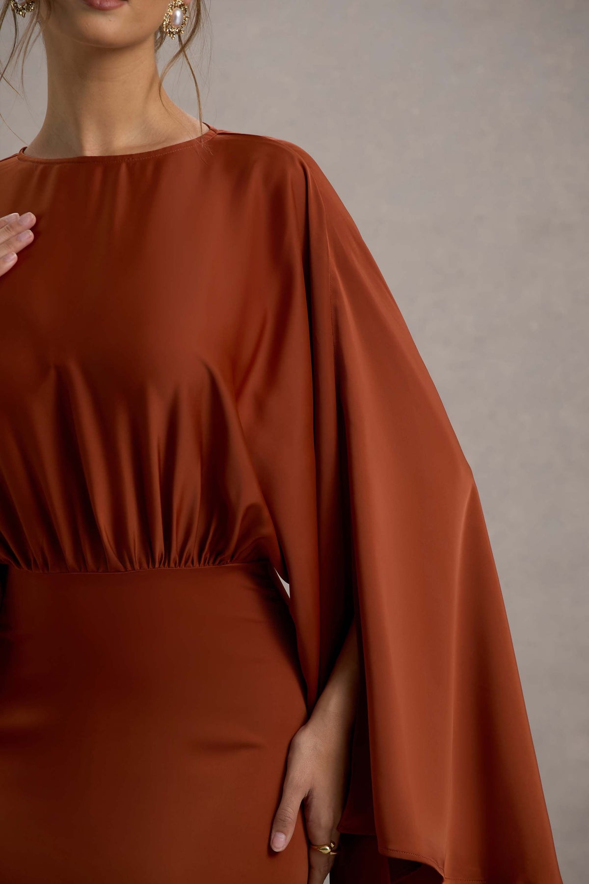 Zuzanna | Rust Draped Maxi Dress With Cape Sleeves