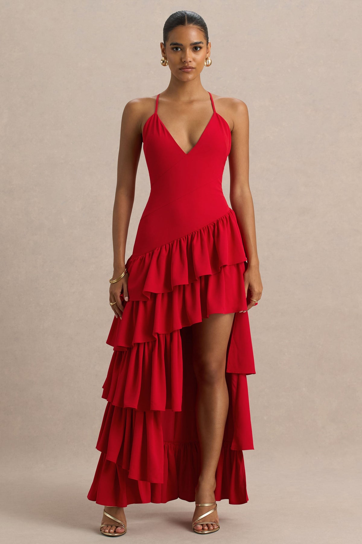 Bogota | Red Plunge-Neck Maxi Dress With Ruffling Details And Front High Split