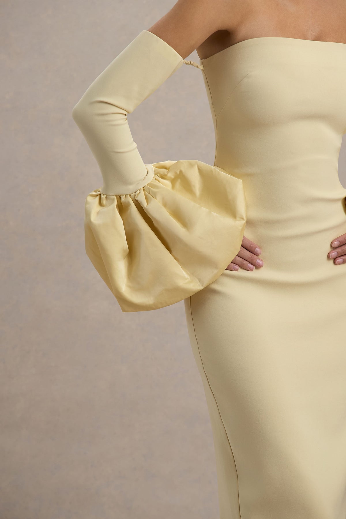 Myah | Lemon Bandeau Long-Sleeve Maxi Dress With Puff Cuffs