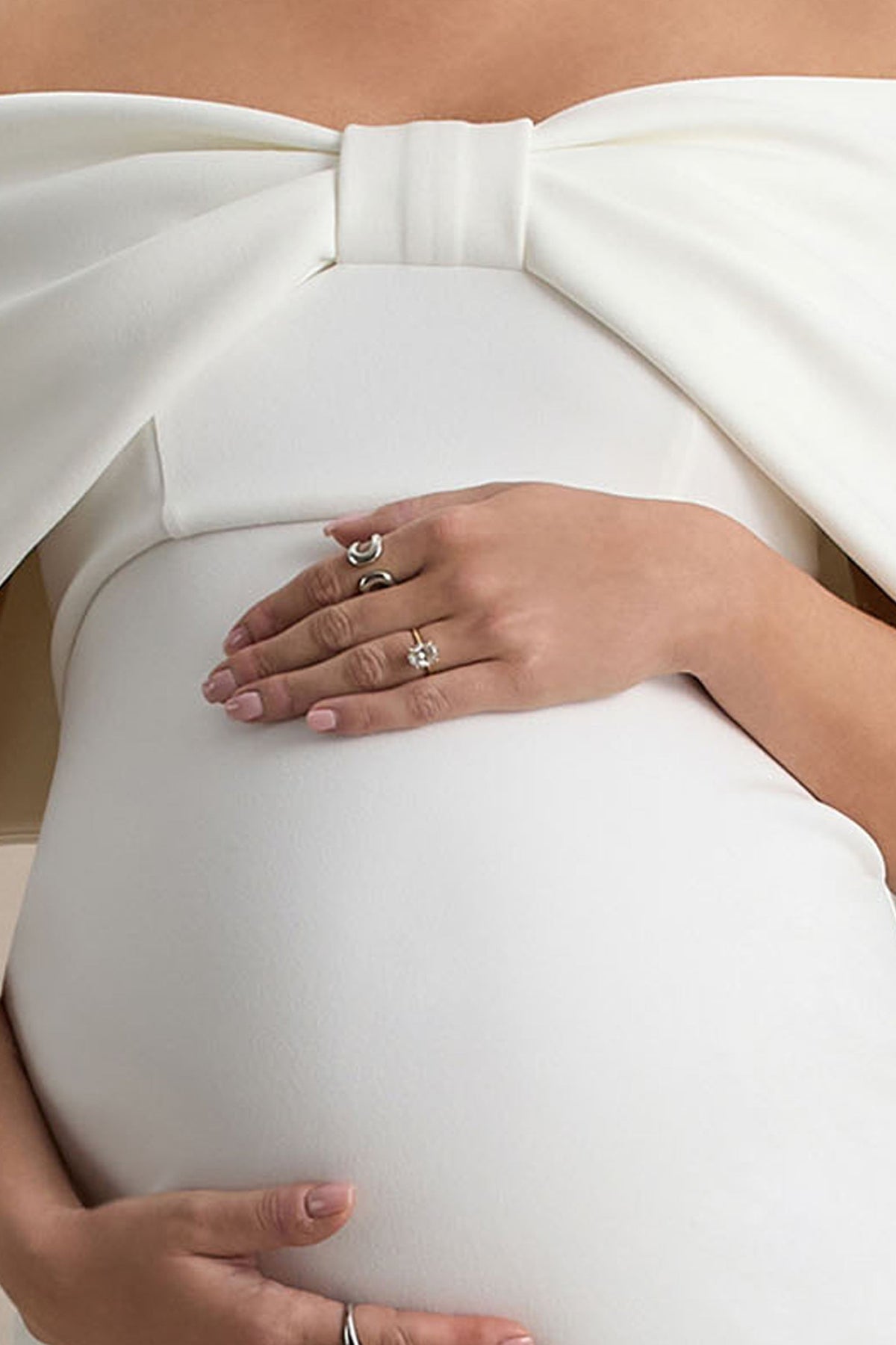Droplet | White Bow Bardot Maternity Midi Dress