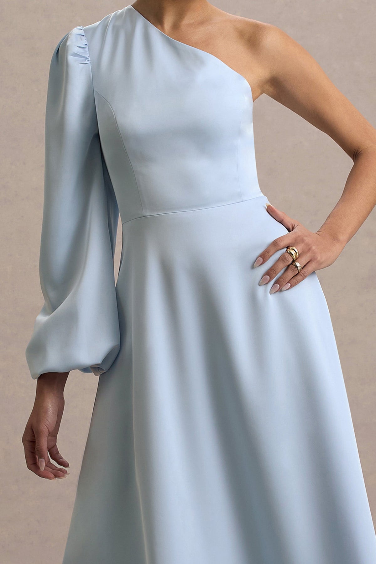 Haila | Powder Blue Satin One-Shoulder Midi Dress