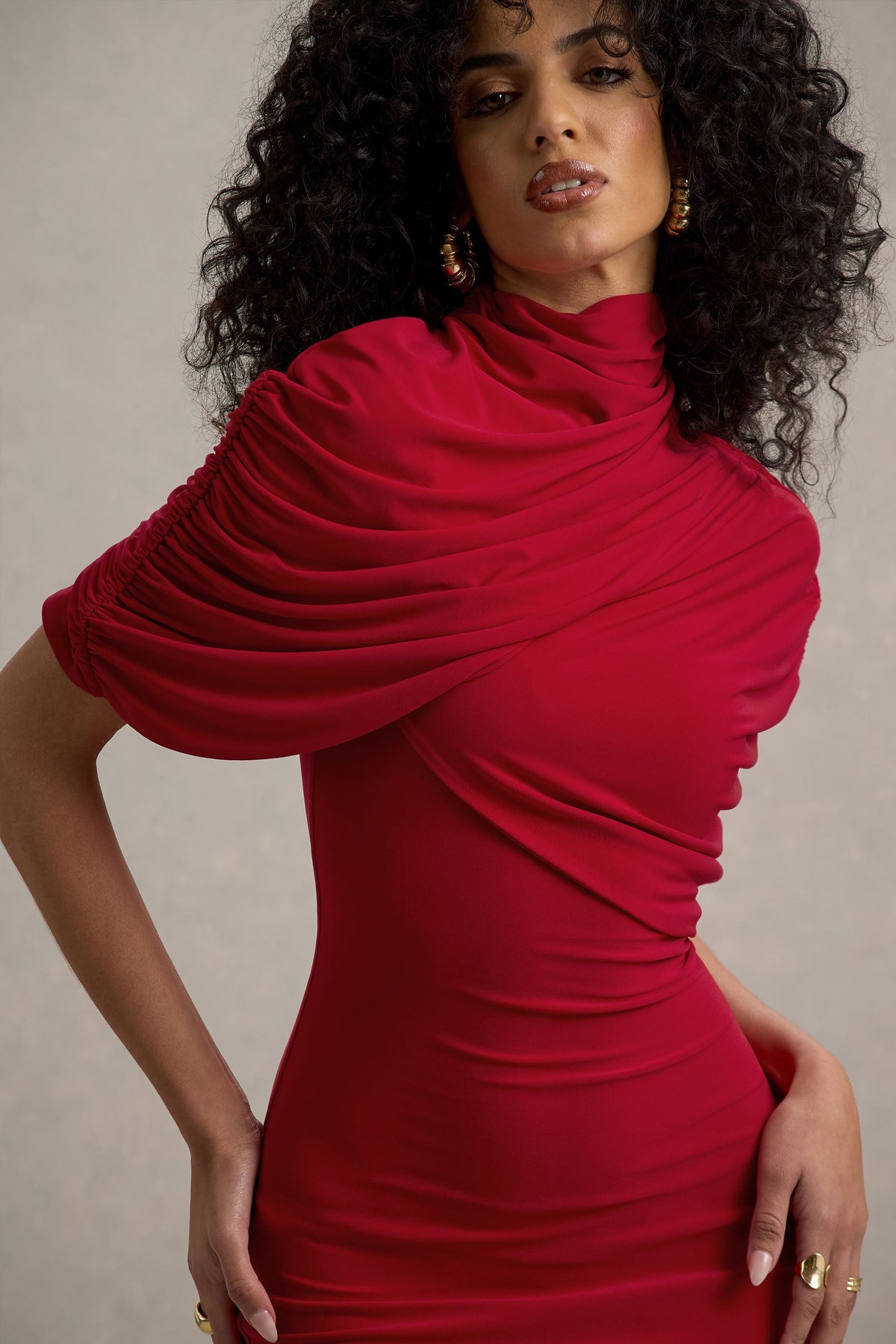 Perdi | Red Bodycon Mini Dress With Twisted Cape