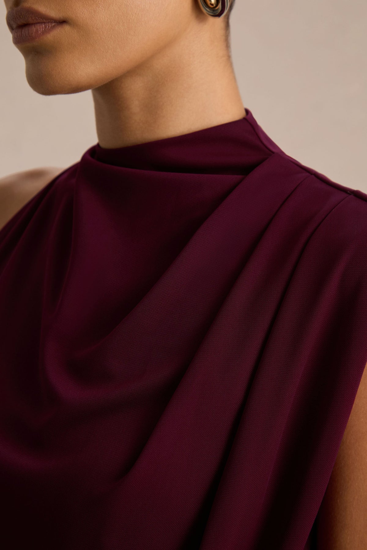 Umaira | Burgundy Ruched High Neck Maxi Dress With Draped Detailing