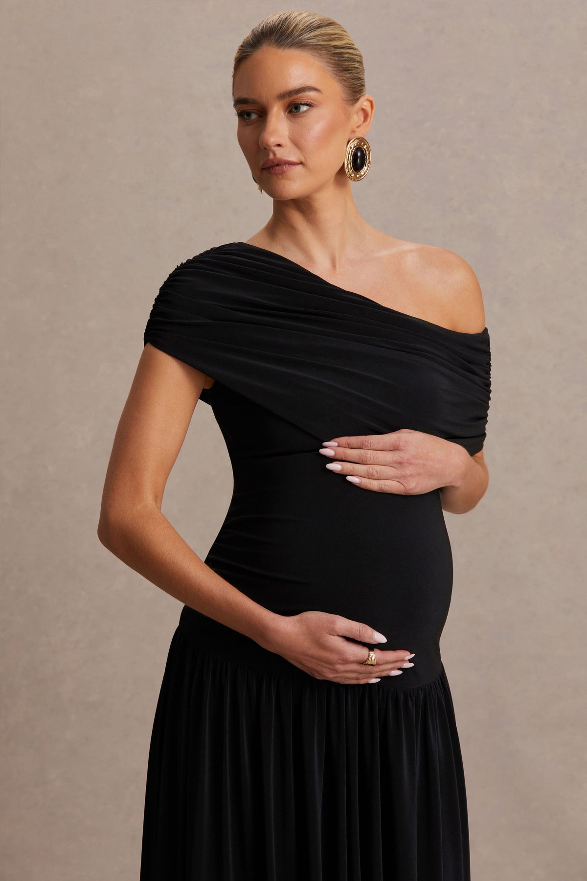 Noah | Black Jersey Ruched One Shoulder Maternity A-Line Maxi Dress With Drop Waist