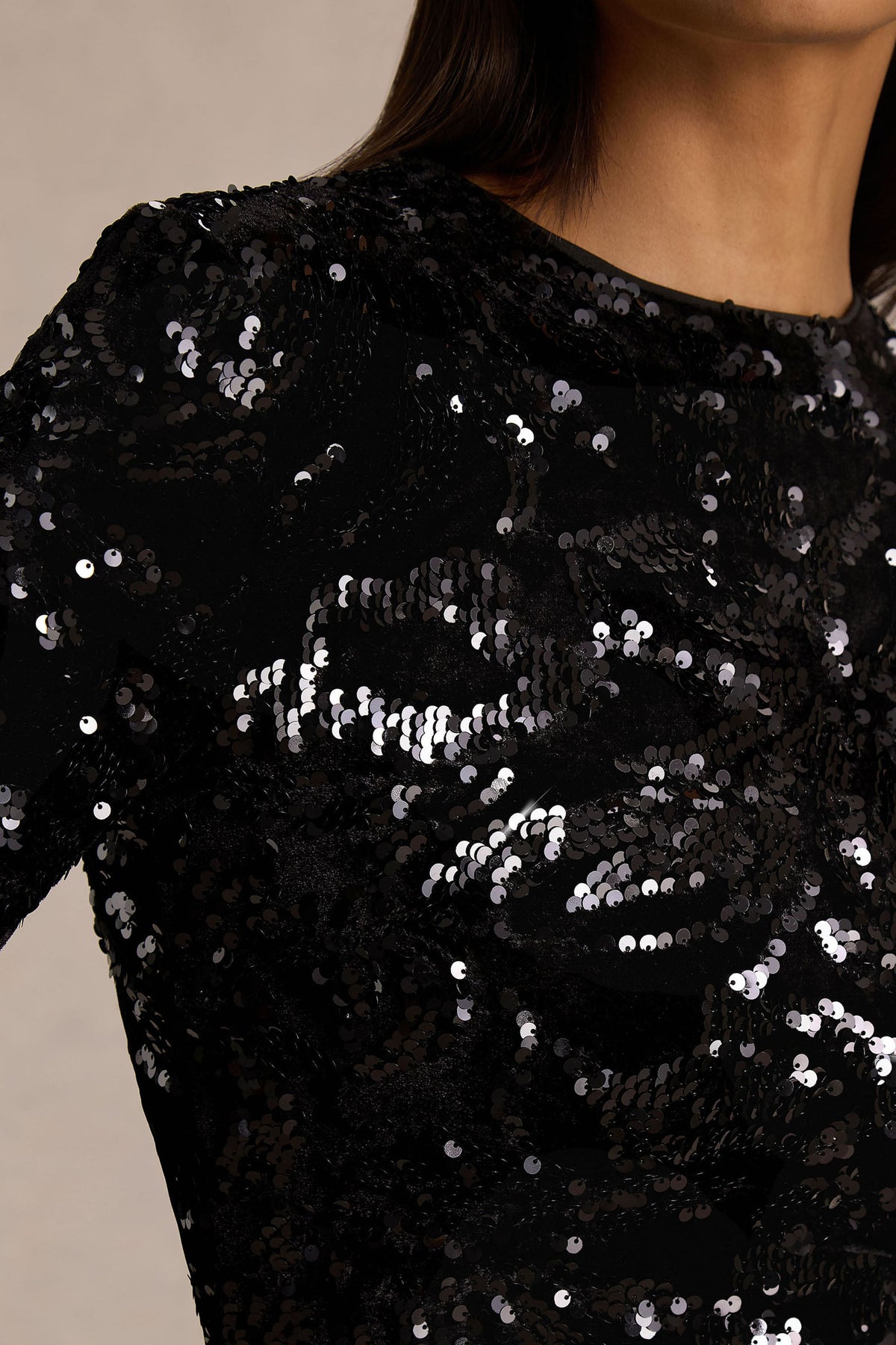 Stardust | Black Sequined Velvet Crew-Neck Mini Dress With Feather Trim