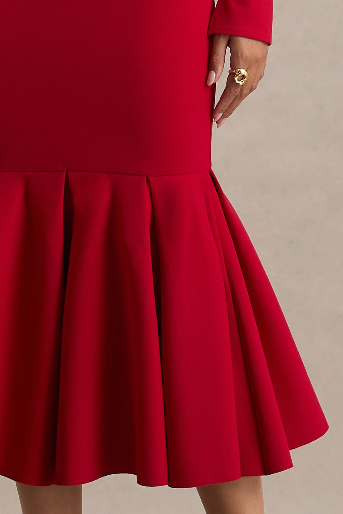 Liberty | Red High Neck Mermaid Midi Dress With Ruffling Detail