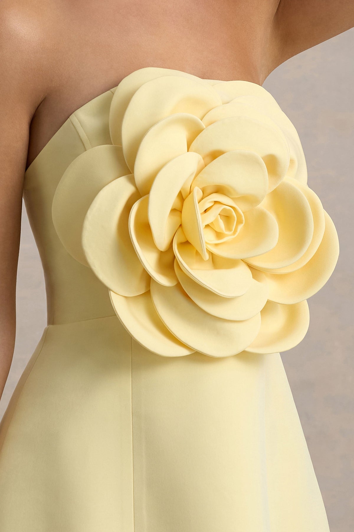 Daffodil | Lemon Bandeau Mini Dress With Large Floral Corsage