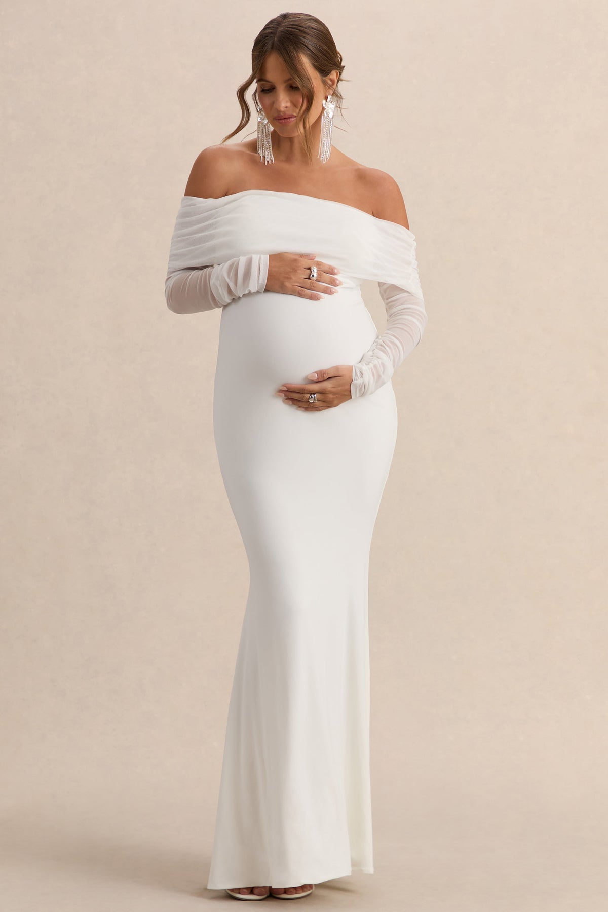 Pretty Perfect | White Maternity Ruched Mesh Bardot Maxi Dress