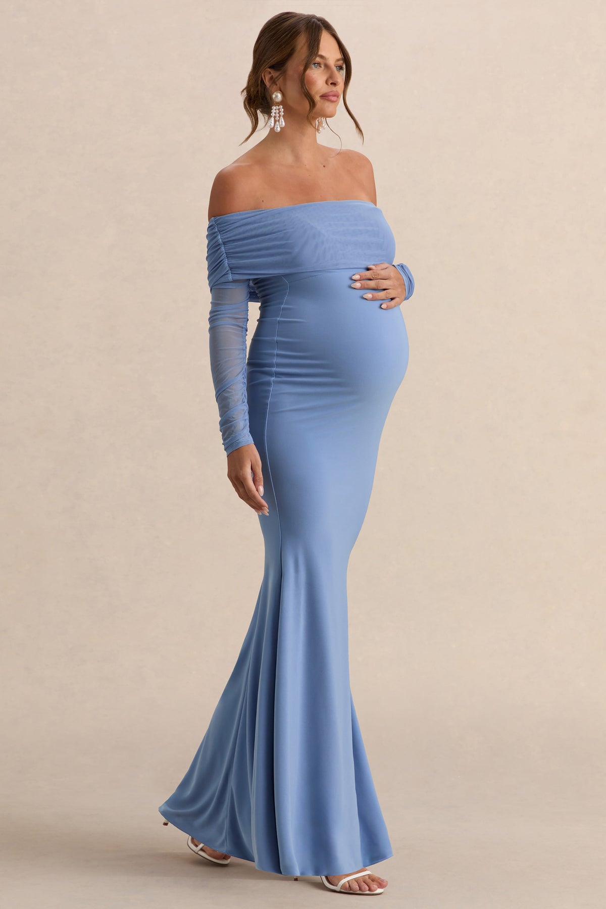 Pretty Perfect | Powder Blue Maternity Ruched Mesh Bardot Maxi Dress