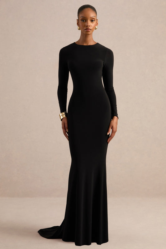 One Step Ahead | Black Long Sleeve Backless Fishtail Maxi Dress