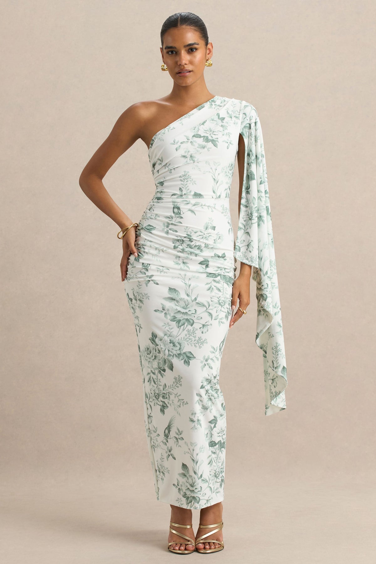 Clementina | Green Porcelain Print Asymmetric Cape Sleeve Maxi Dress