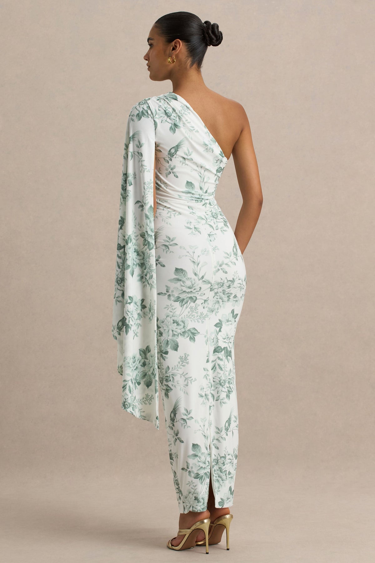Clementina | Green Porcelain Print Asymmetric Cape Sleeve Maxi Dress