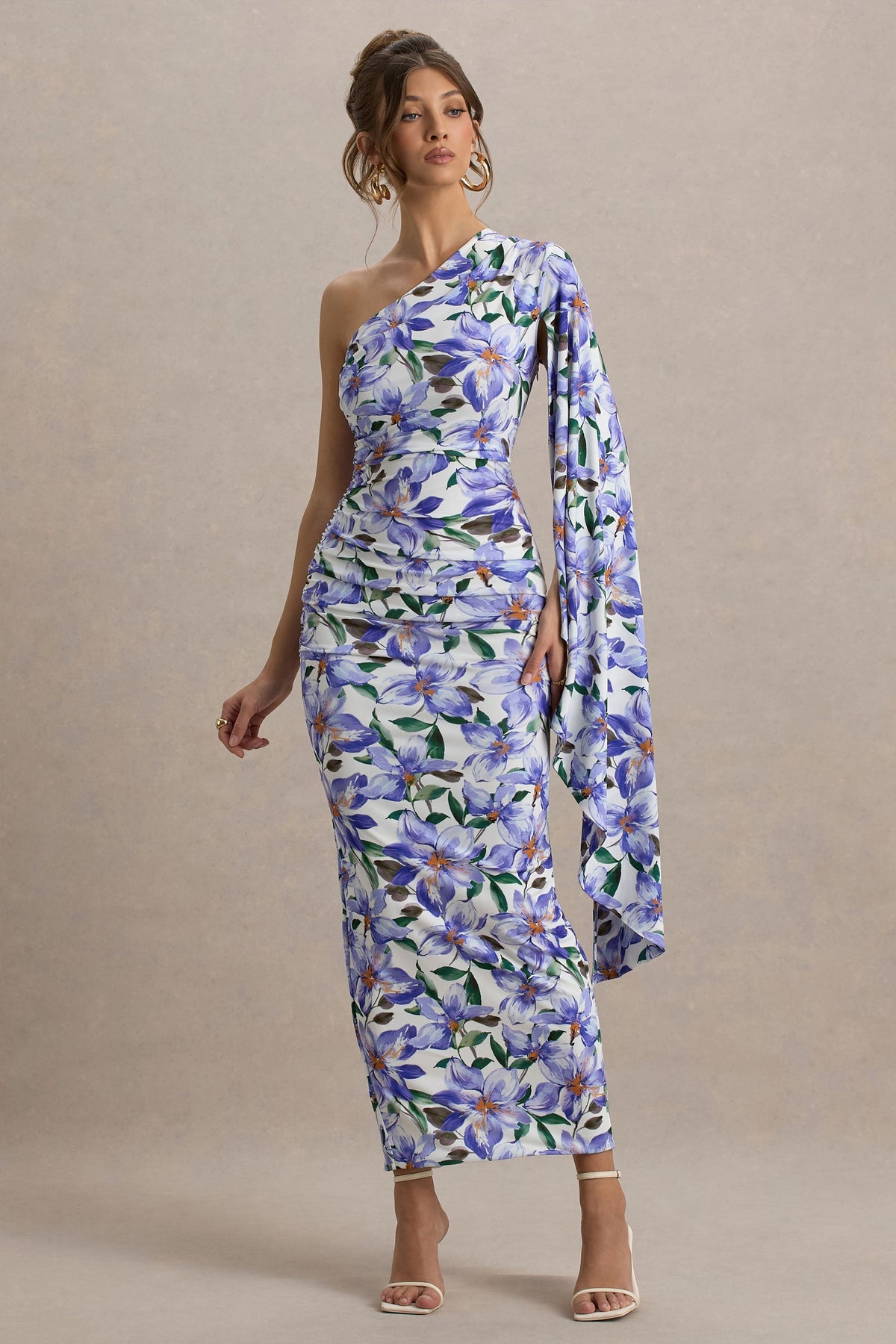Clementina | Purple Lily Print Asymmetric Cape Sleeve Maxi Dress