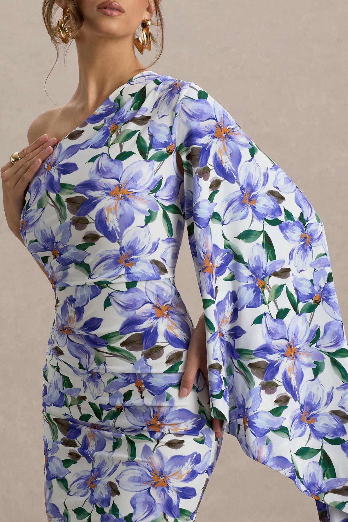 Clementina | Purple Lily Print Asymmetric Cape Sleeve Maxi Dress