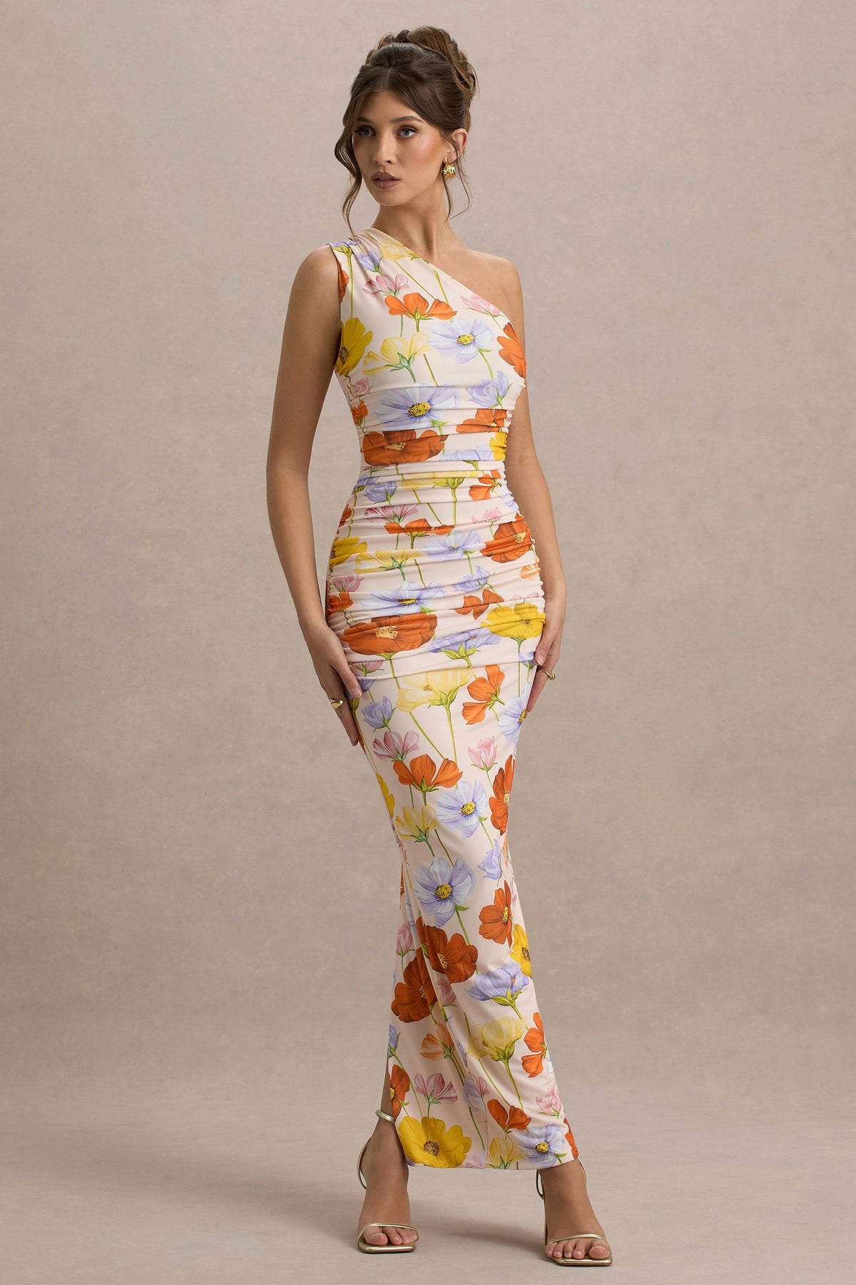 Dalarie | Bright Floral Print One-Shoulder Gathered Maxi Dress