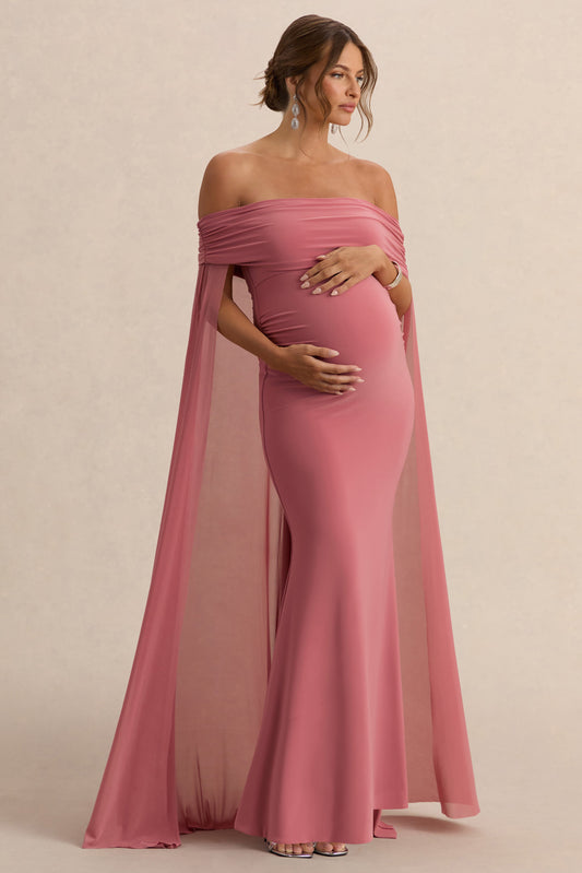 Carlotta | Blush Pink Bardot Maternity Maxi Dress With Mesh Cape