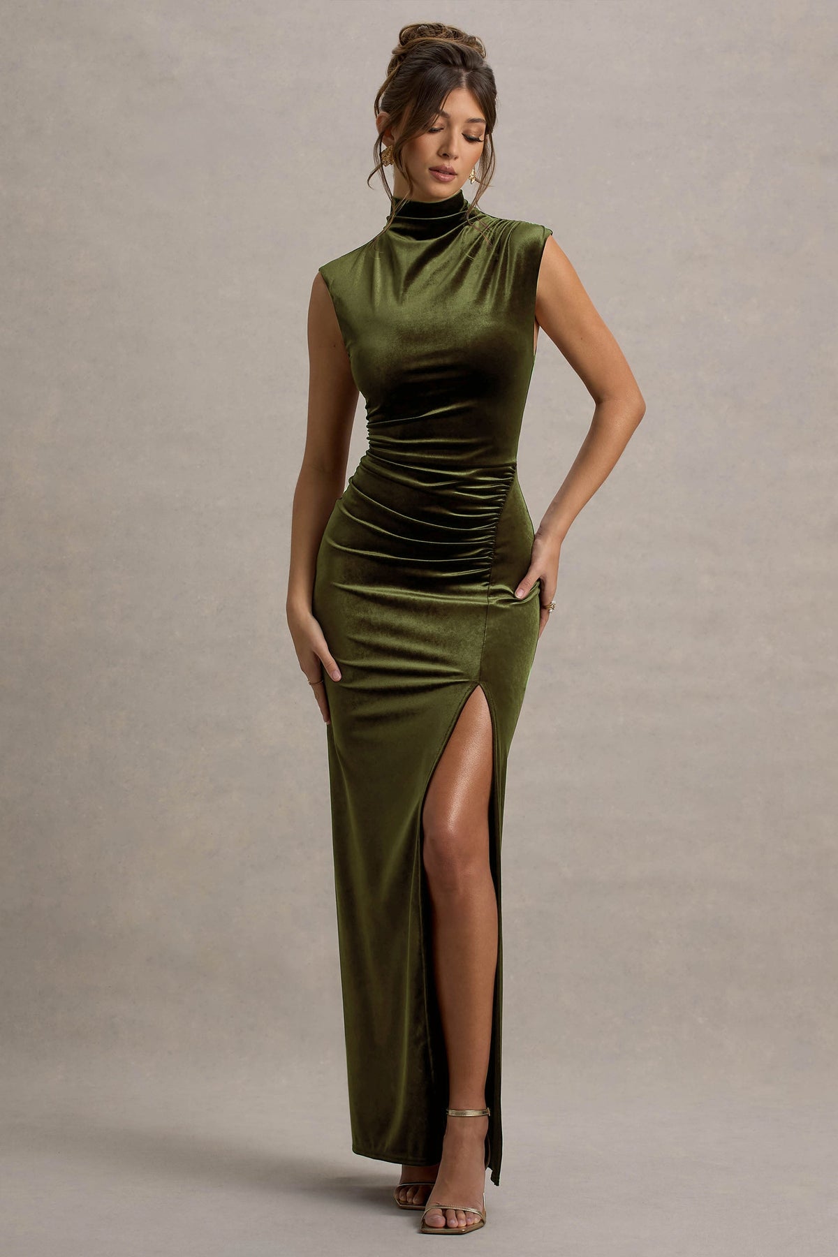 Abilene | Olive Velvet High Neck Maxi Dress With Gathered Detailing And Split