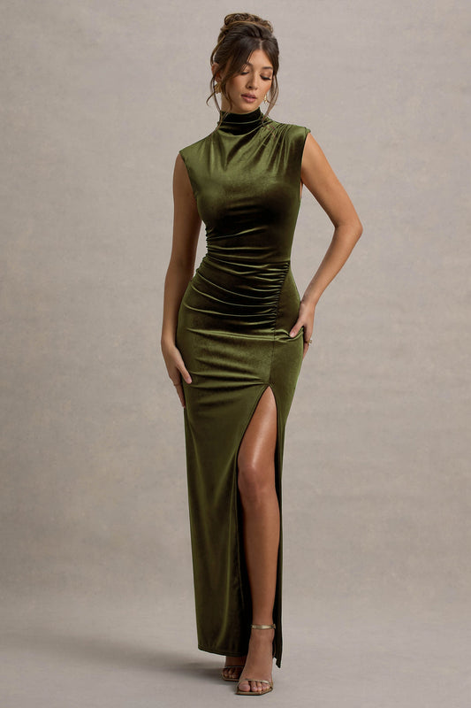 Abilene | Olive Velvet High Neck Maxi Dress With Gathered Detailing And Split