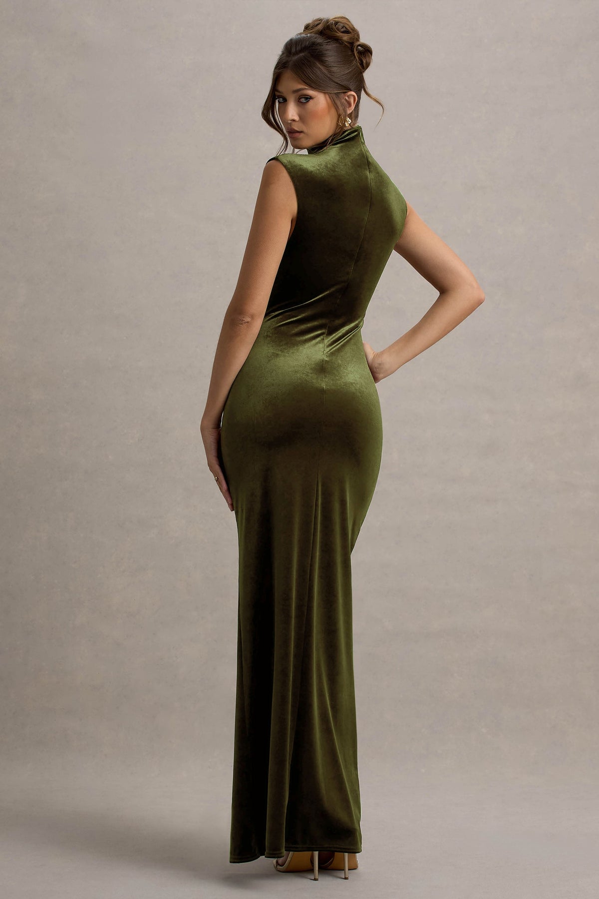 Abilene | Olive Velvet High Neck Maxi Dress With Gathered Detailing And Split