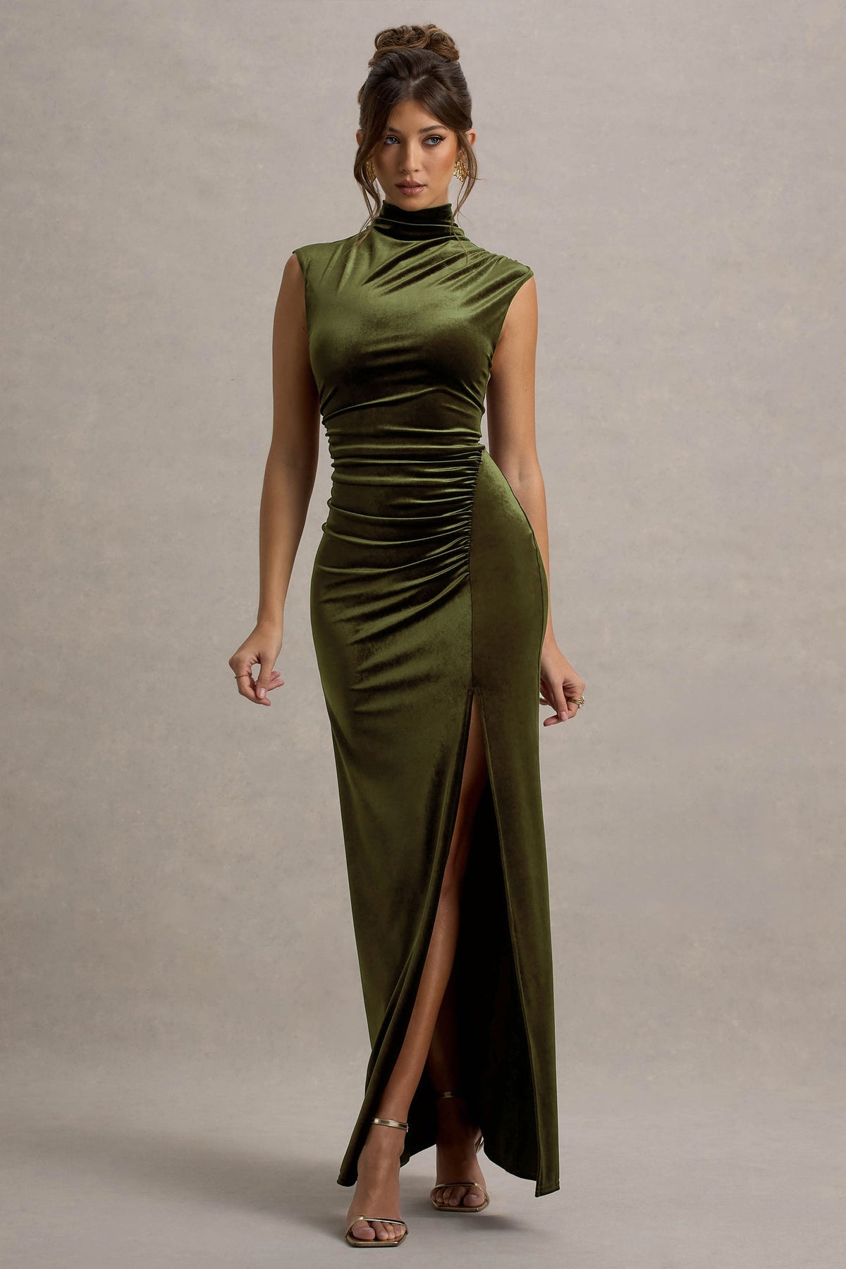 Abilene | Olive Velvet High Neck Maxi Dress With Gathered Detailing And Split