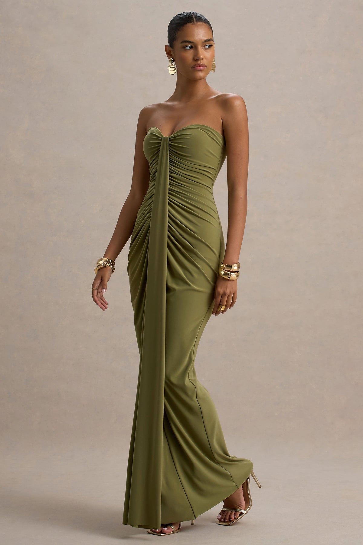 Ali | Olive Jersey Sweetheart Maxi Dress With Gathered Detailing And Sash