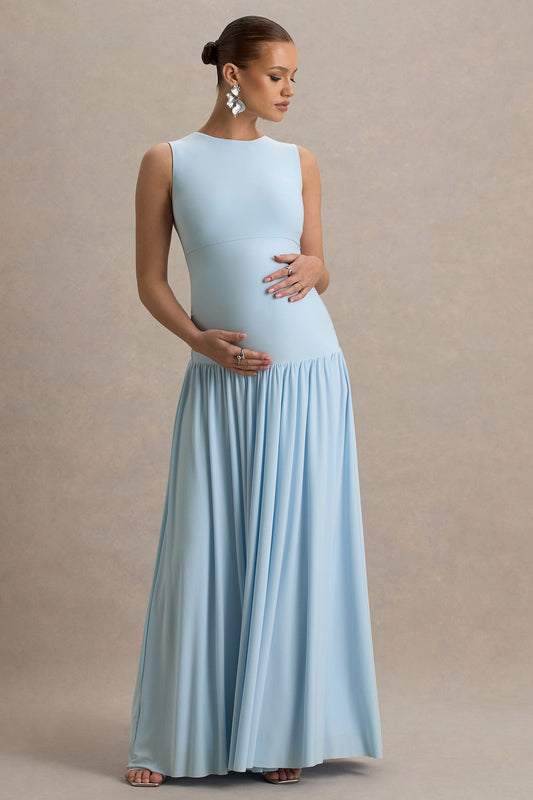 Outline | Powder Blue Crew-Neck Maternity Maxi Dress With Pleated Skirt