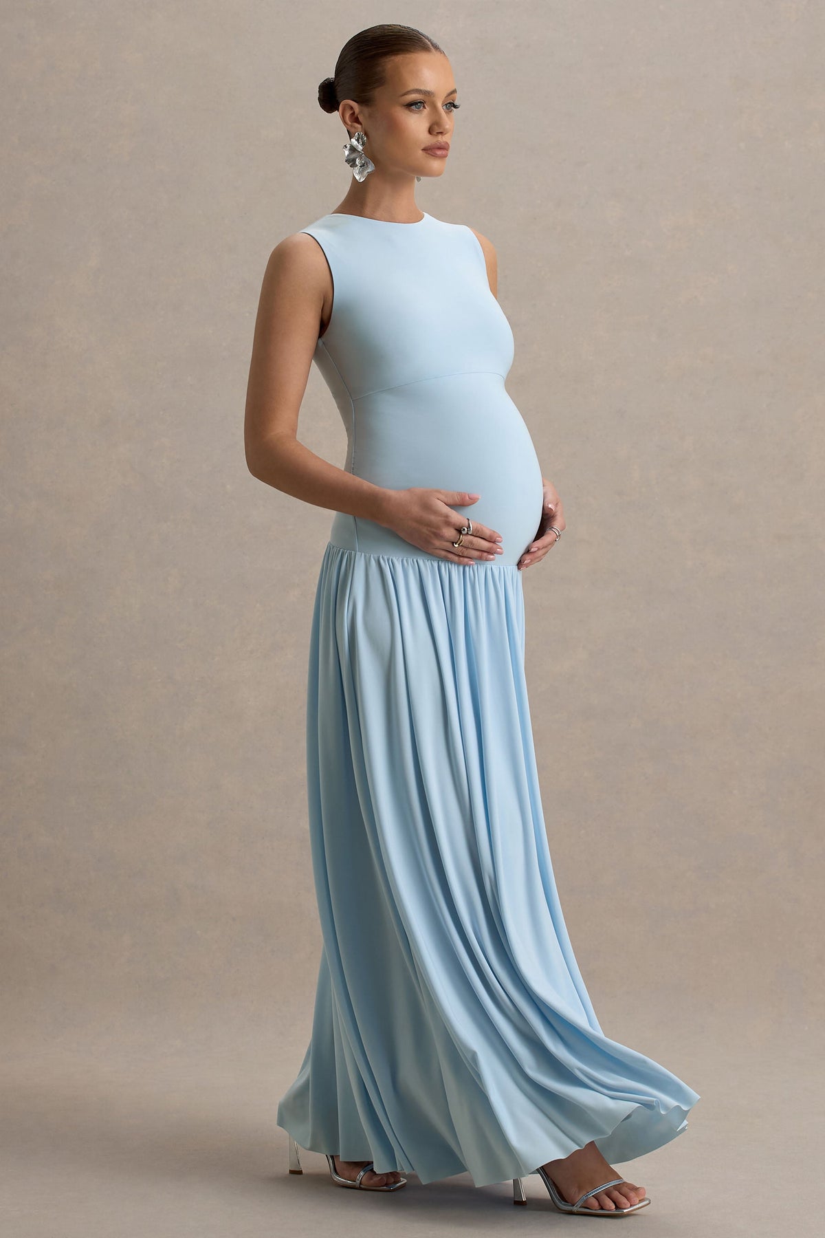 Outline | Powder Blue Crew-Neck Maternity Maxi Dress With Pleated Skirt