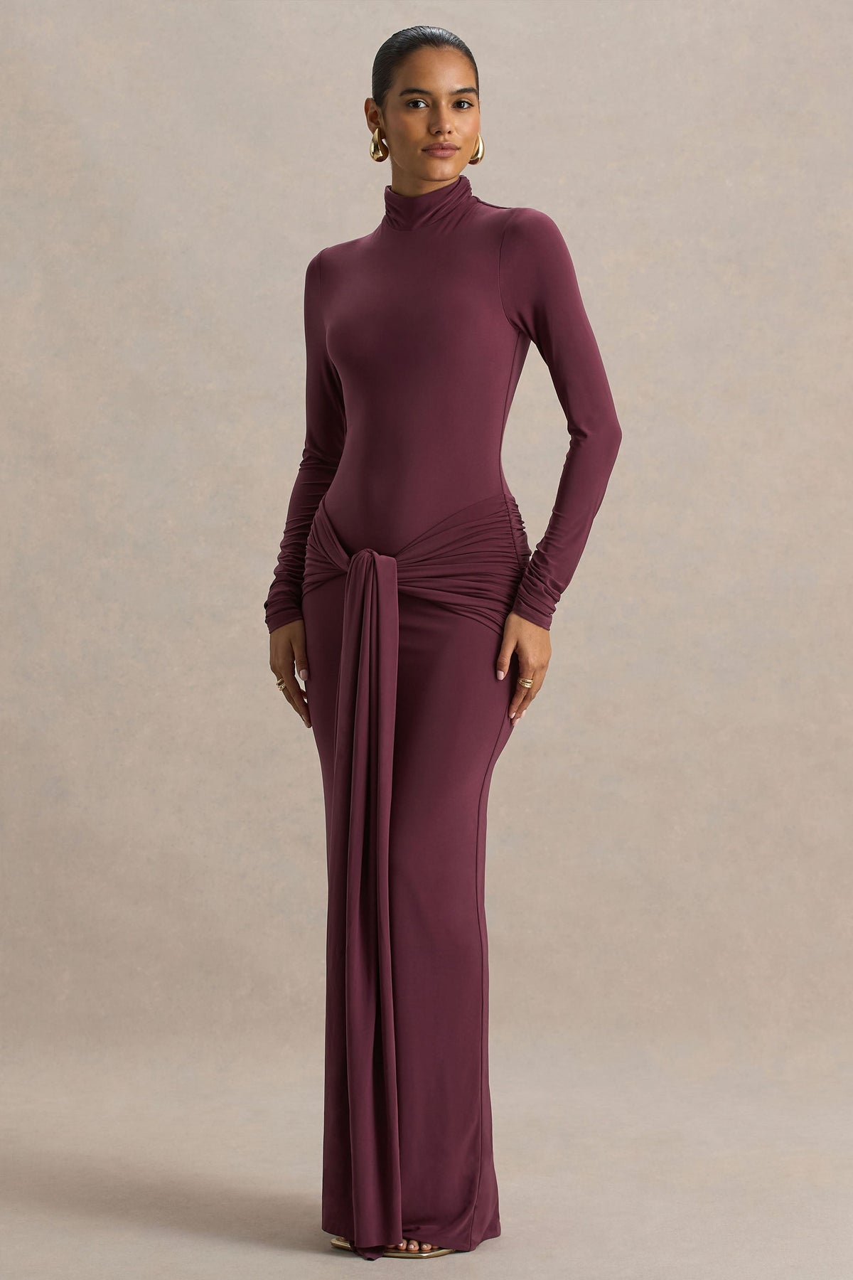 Myra | Burgundy High-Neck Maxi Dress With Sash and Ruched Detailing