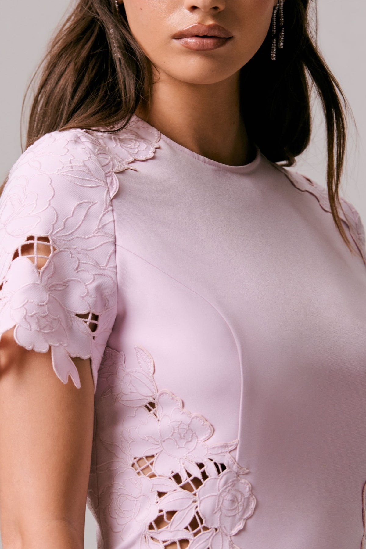 So Sweet | Pink Crew-Neck Midi Dress With Cut-Out Embroidered Detailing