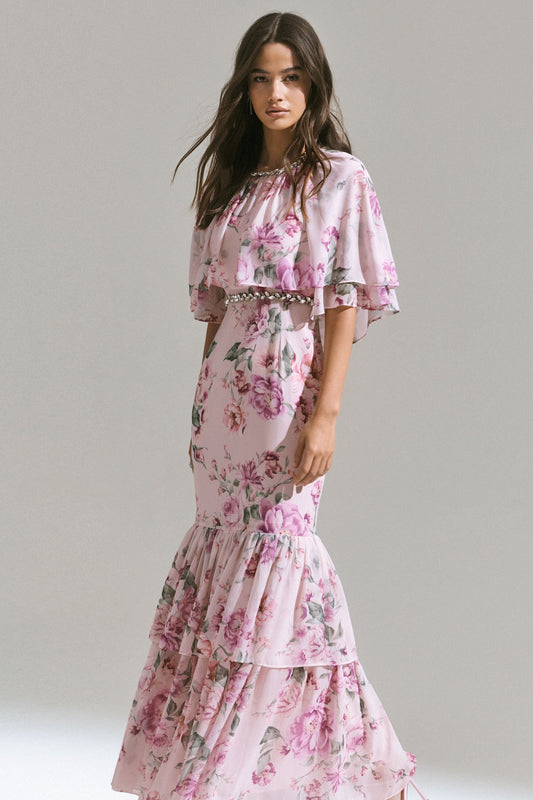 Never Let Go | Pink Floral Print Chiffon Maxi Dress With Tiered Hem