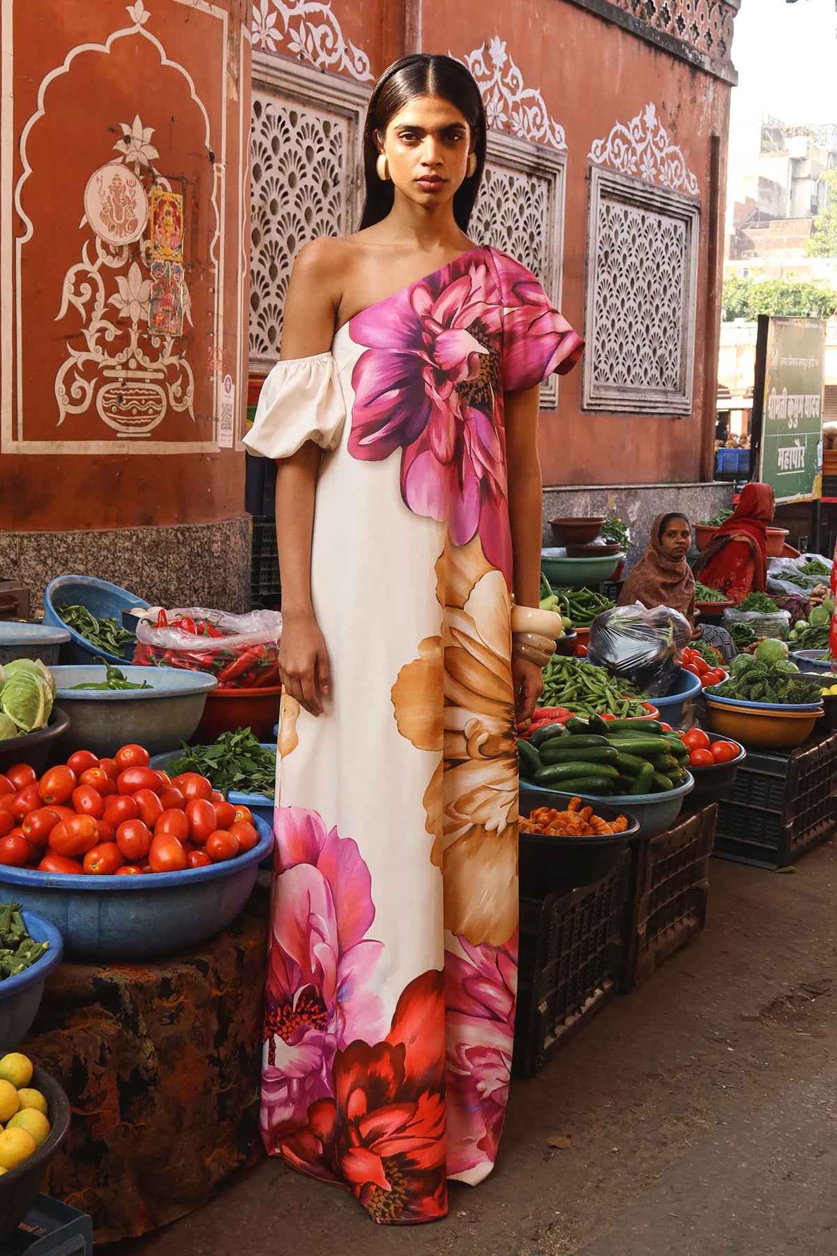 Anastasia | Large Multi-Floral Print Asymmetric-Neck Maxi Dress