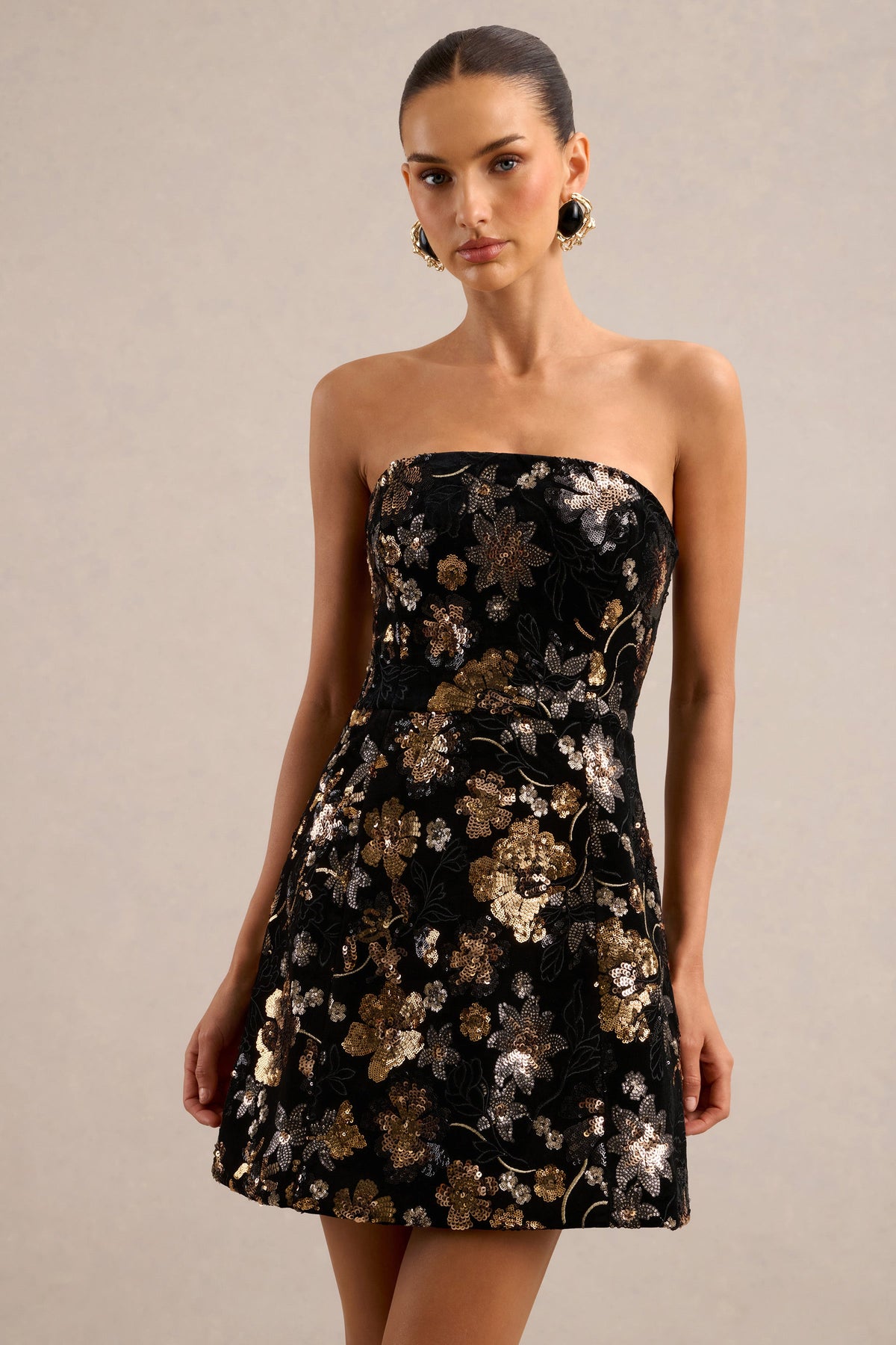 Valeri | Black Velvet Bandeau Mini Dress With Bronze Floral Sequin Embellishment