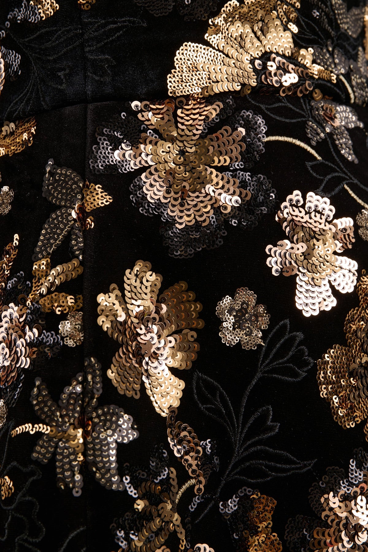 Valeri | Black Velvet Bandeau Mini Dress With Bronze Floral Sequin Embellishment