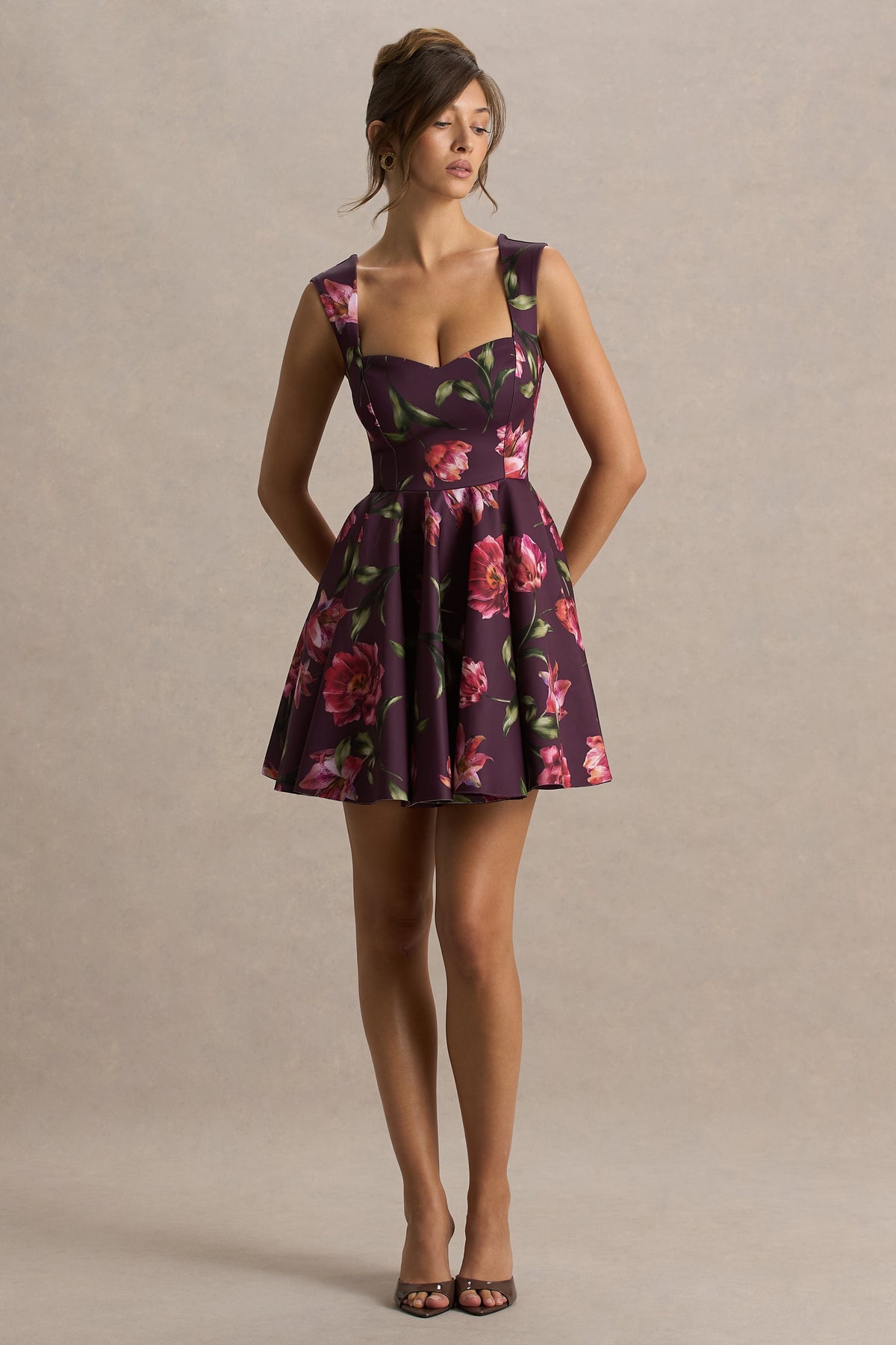 Magic | Burgundy Floral Print Sweetheart-Neck Mini Dress.