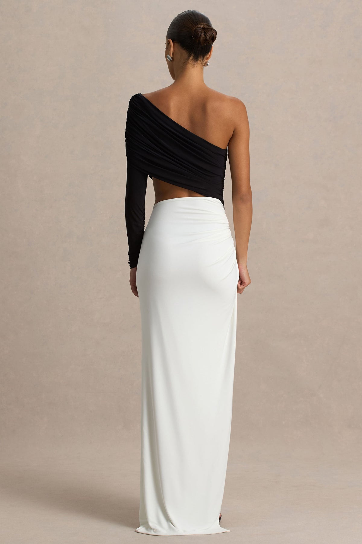 Malika | Black And White Asymmetric-Neck Maxi Dress With Body-Cut Out And Gathered Detailing