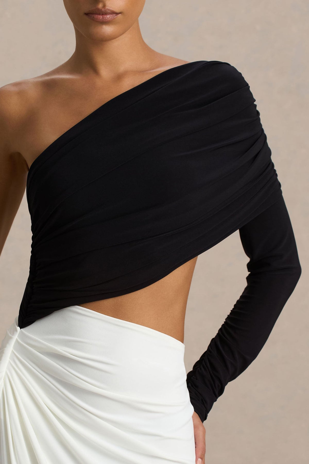 Malika | Black And White Asymmetric-Neck Maxi Dress With Body-Cut Out And Gathered Detailing