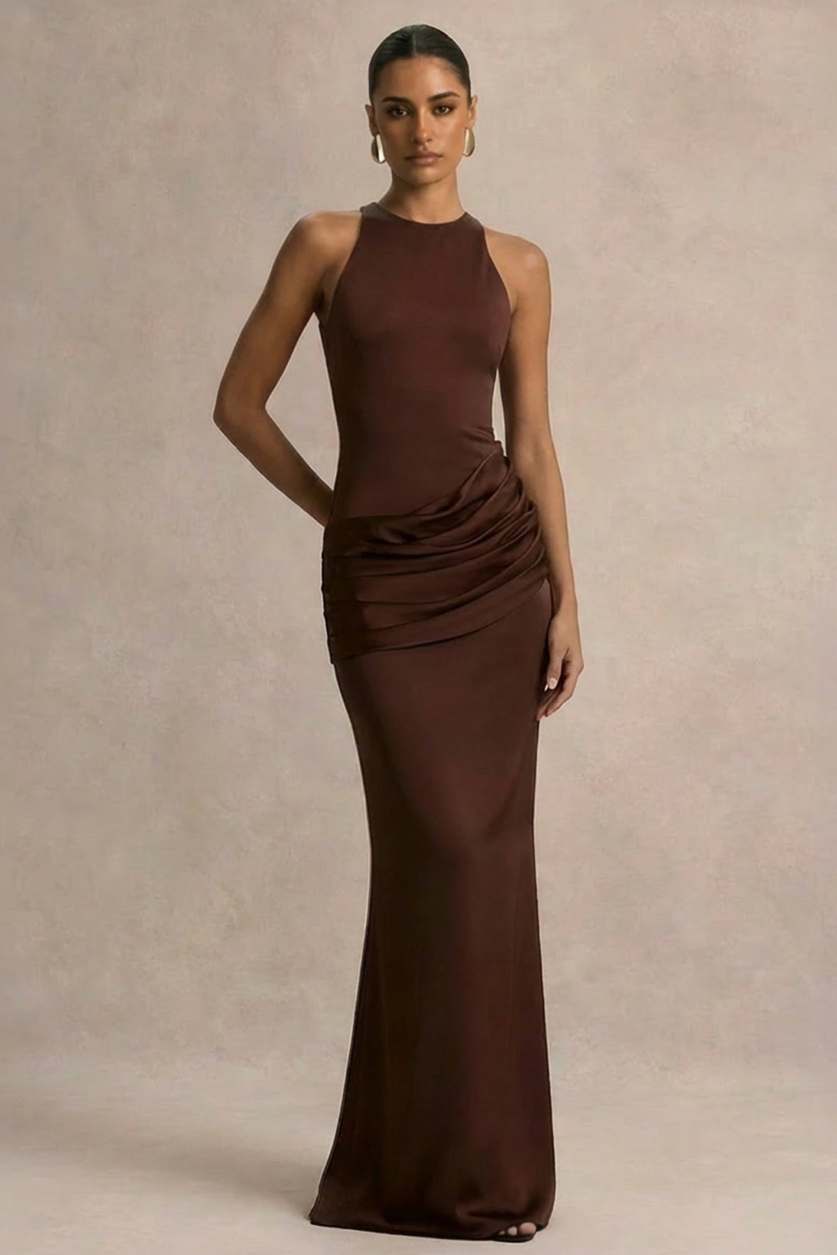 Akari | Brown Crew-Neck Maxi Dress With Satin Skirt
