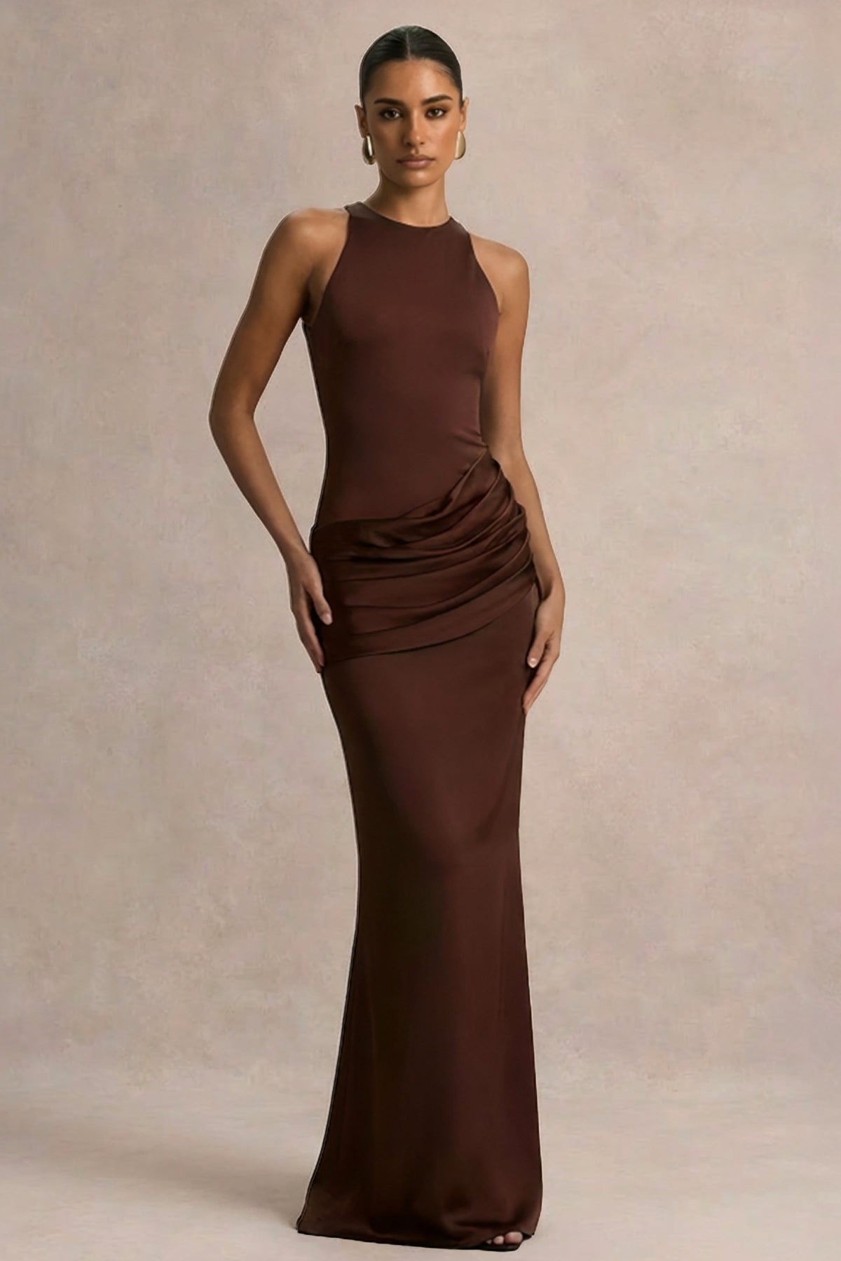 Akari | Brown Crew-Neck Maxi Dress With Satin Skirt