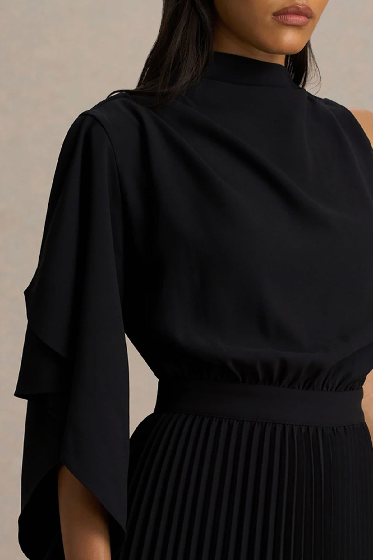 Jimena | Black High-Neck Midi Dress With One-Long Sleeve And Pleated Detailing
