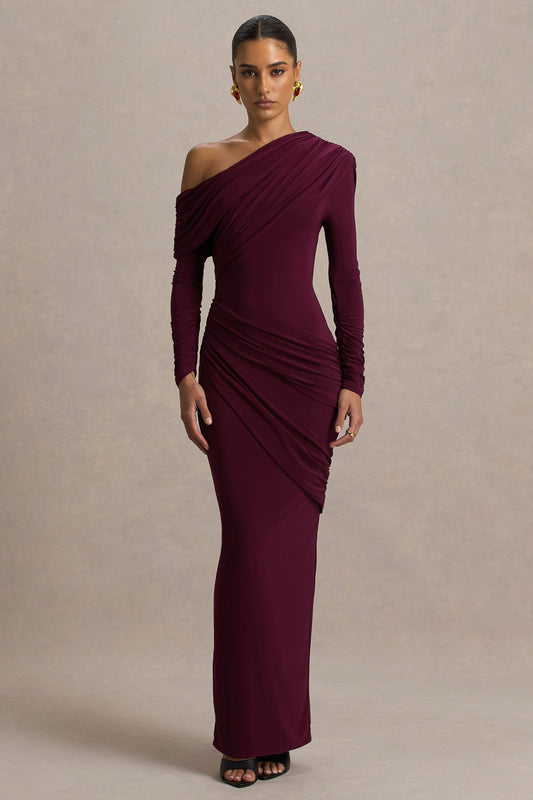 Perrie | Burgundy Asymmetric-Neck Maxi Dress With Ruched Detailing