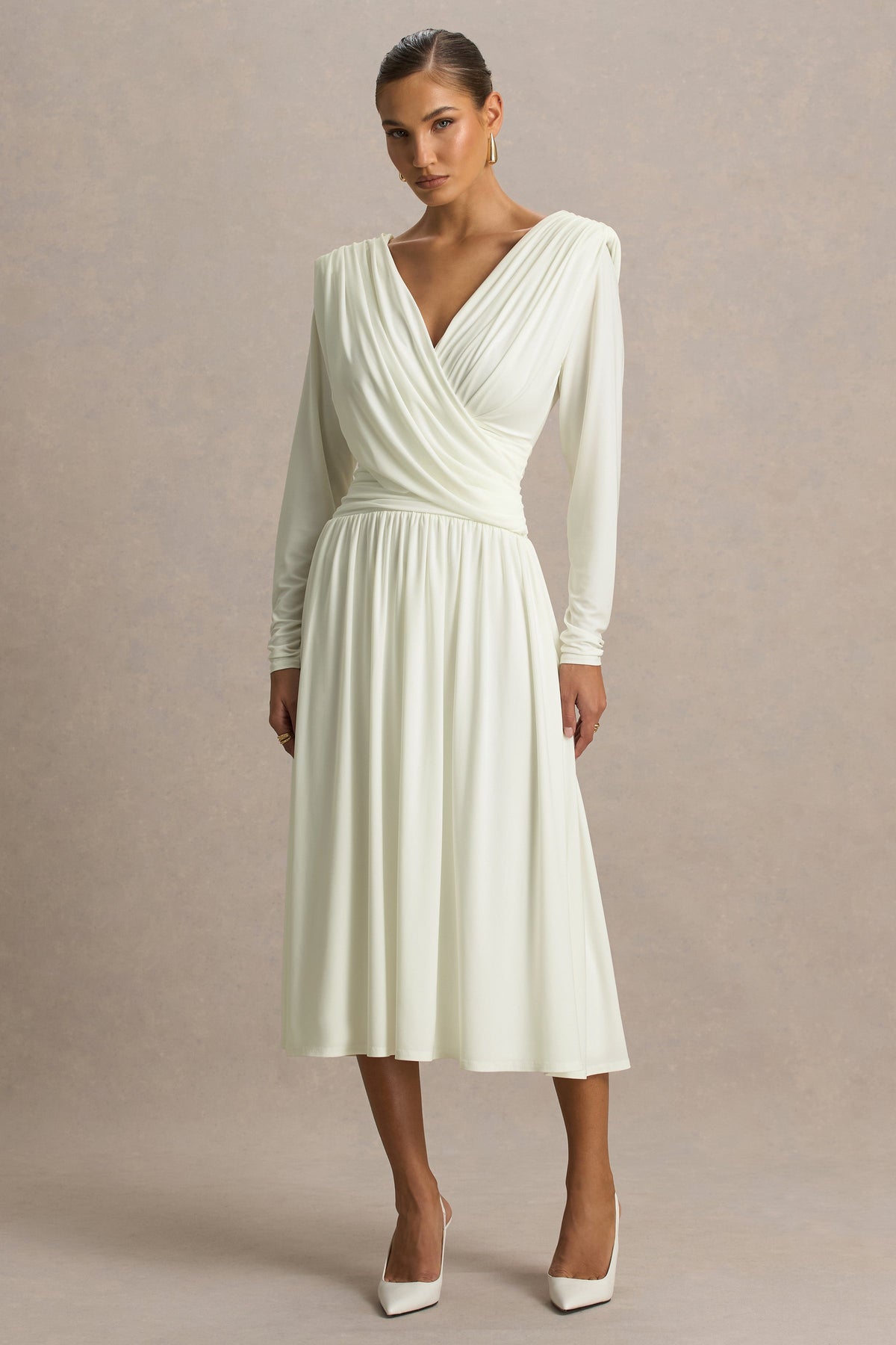 Alexis | Cream Plunge-Neck Midi Dress With Draped And Ruched Detailing