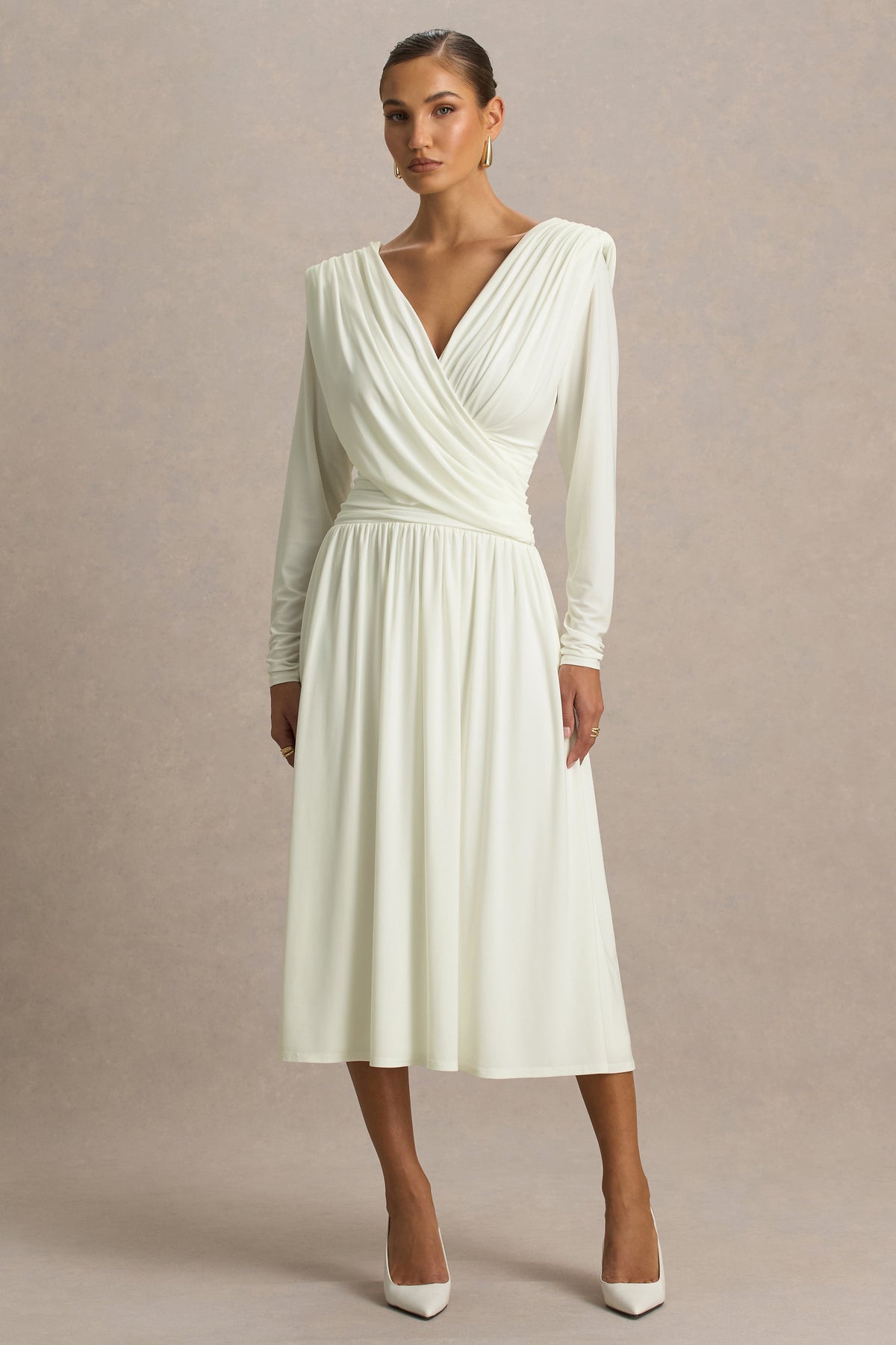 Alexis | Cream Plunge-Neck Midi Dress With Draped And Ruched Detailing