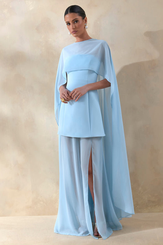 Chessa | Powder Blue Scuba Boat Neck Short Sleeve Maxi Dress With Sheer Skirt And Corset